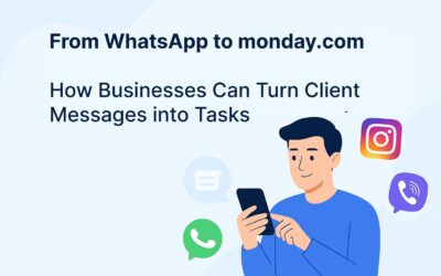 Illustration of a person holding a smartphone surrounded by WhatsApp, Instagram, and Viber logos, symbolizing how businesses can turn client payment messages into tasks in Monday.com using Capture for Monday.com — automate workflows, collect feedback from users, and manage client feedback with screenshots.